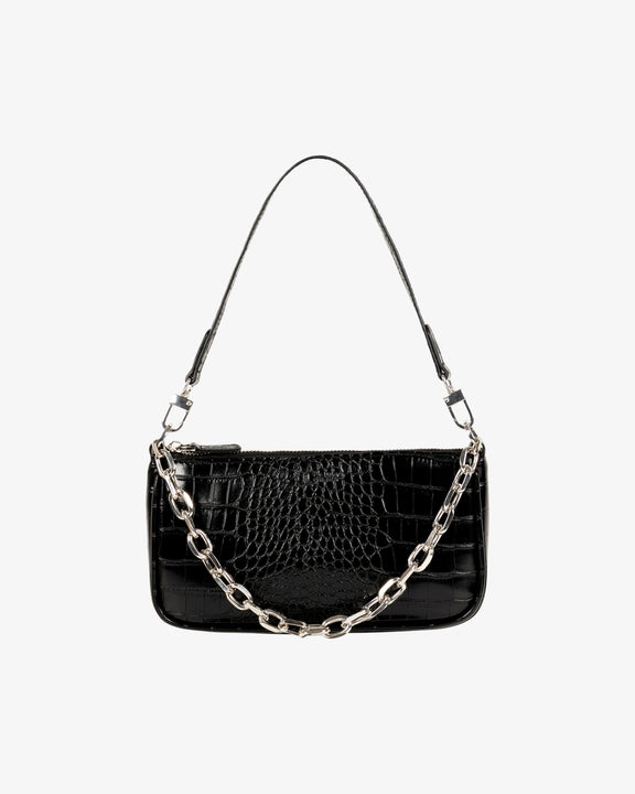 Black Croc Chunky Chain Shoulder Bag